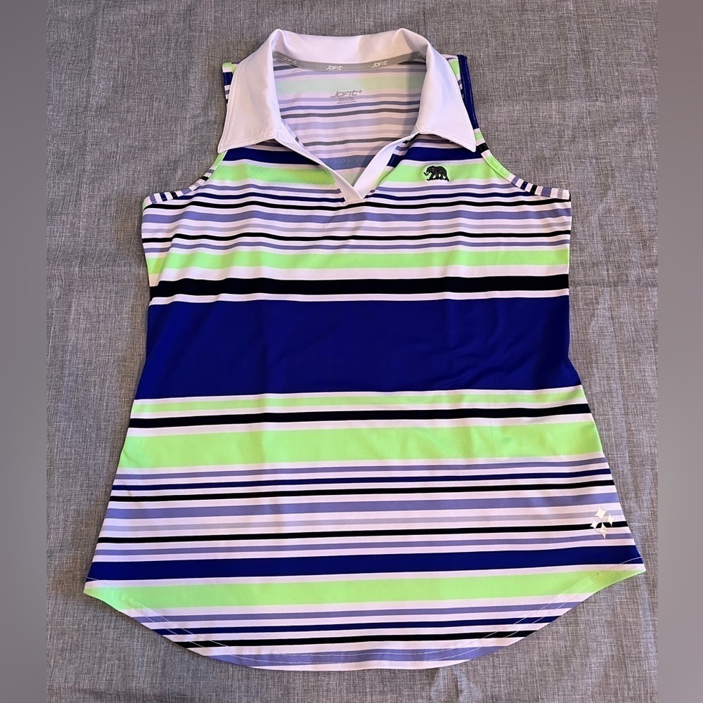 Jofit Tech Cutaway Sleeveless Polo Tank Royal Blue Green Stripe M